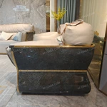 Modern Luxury Sofa Set with High-Gloss Natural Burl Wood Veneer, Full-Wrap Polished Gold Stainless Steel Frame & Handcrafted Braided Detail